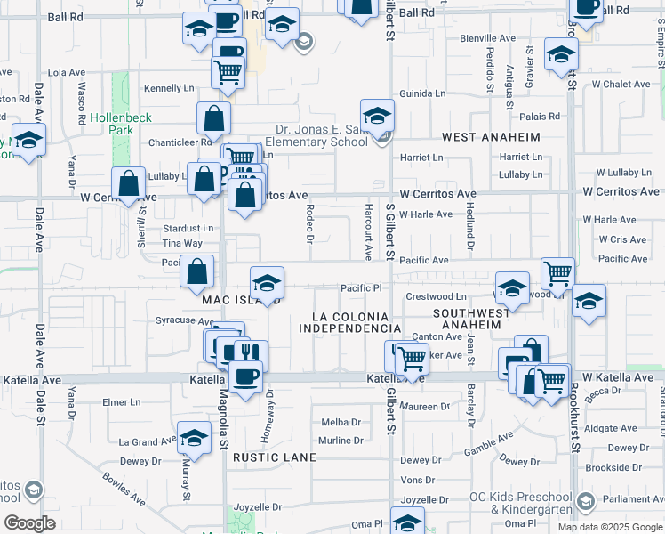 map of restaurants, bars, coffee shops, grocery stores, and more near 9312 Pacific Avenue in Anaheim