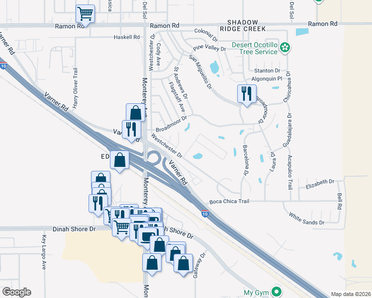 map of restaurants, bars, coffee shops, grocery stores, and more near 33371 Tubac Trail in Thousand Palms