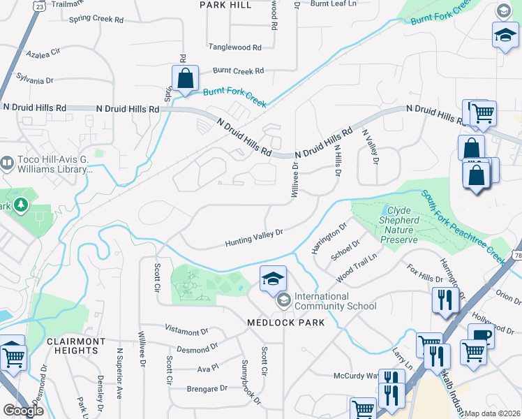 map of restaurants, bars, coffee shops, grocery stores, and more near 975 Hunting Valley Place in Decatur