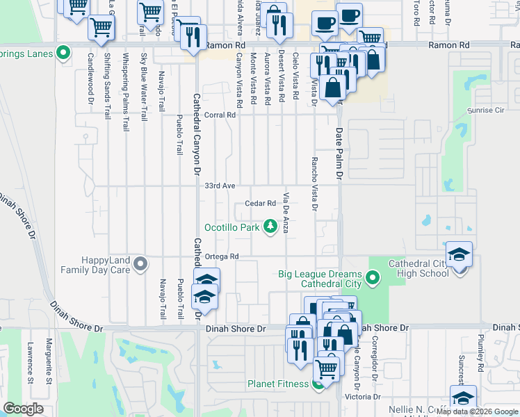 map of restaurants, bars, coffee shops, grocery stores, and more near 68720 Ocotillo Road in Cathedral City