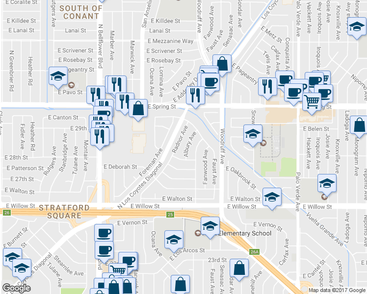map of restaurants, bars, coffee shops, grocery stores, and more near 2829 Albury Avenue in Long Beach