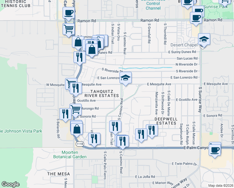 map of restaurants, bars, coffee shops, grocery stores, and more near 1177 South Camino Real in Palm Springs