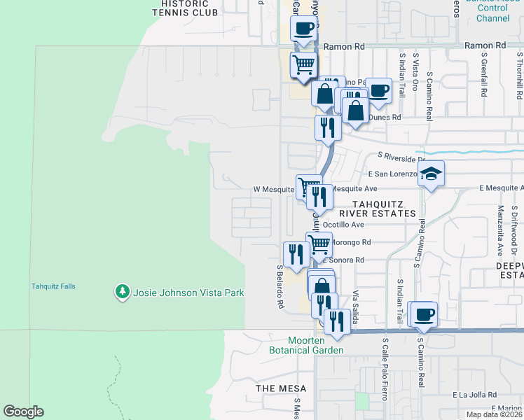 map of restaurants, bars, coffee shops, grocery stores, and more near 401 Onyx Drive in Palm Springs