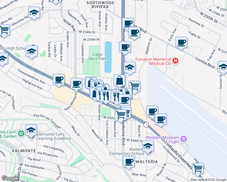 map of restaurants, bars, coffee shops, grocery stores, and more near 23930 Ocean Avenue in Torrance