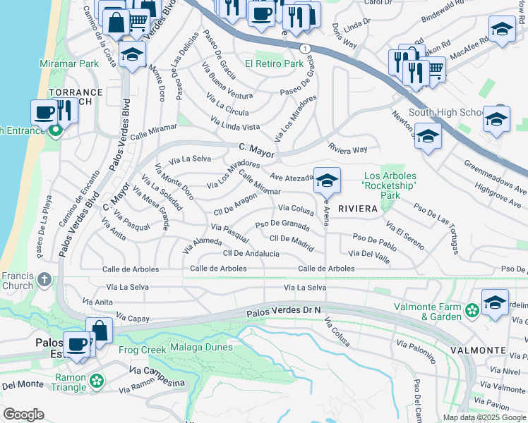map of restaurants, bars, coffee shops, grocery stores, and more near 129 Paseo De Granada in Redondo Beach