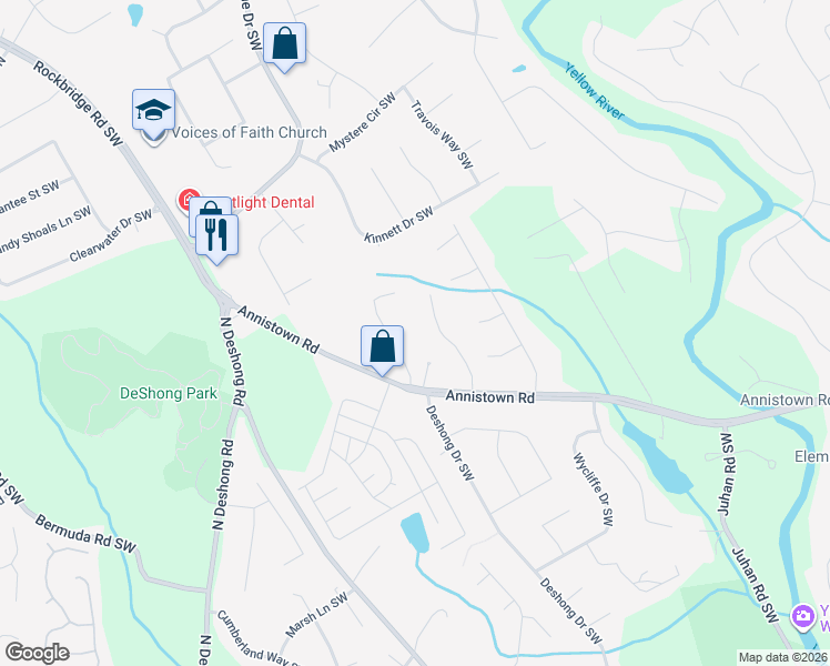 map of restaurants, bars, coffee shops, grocery stores, and more near 2847 Cherokee Cove Southwest in Stone Mountain