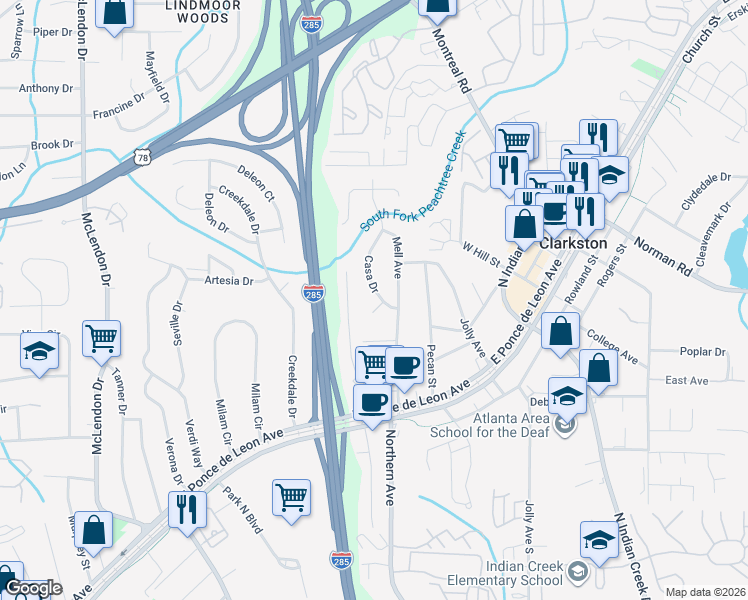 map of restaurants, bars, coffee shops, grocery stores, and more near 988 Casa Drive in Clarkston
