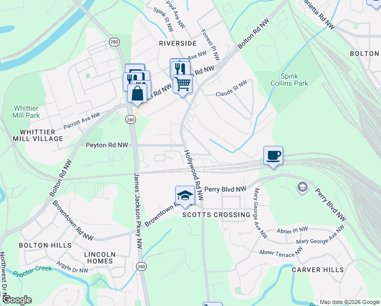 map of restaurants, bars, coffee shops, grocery stores, and more near 1877 Hollywood Road Northwest in Atlanta