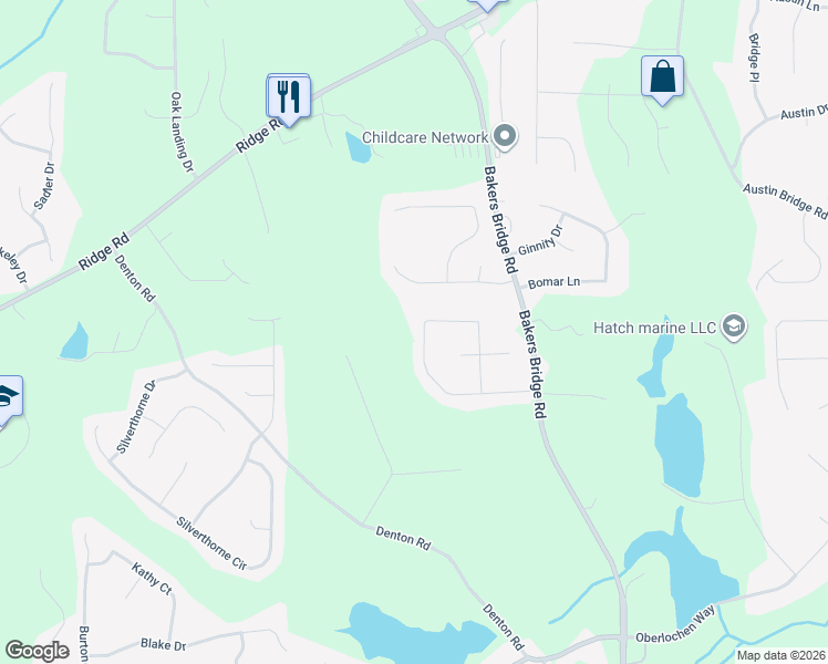 map of restaurants, bars, coffee shops, grocery stores, and more near 351 Bakers Bridge Circle in Douglasville