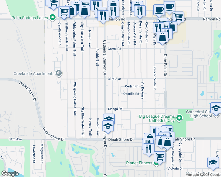 map of restaurants, bars, coffee shops, grocery stores, and more near 33255 Wishing Well Trail in Cathedral City