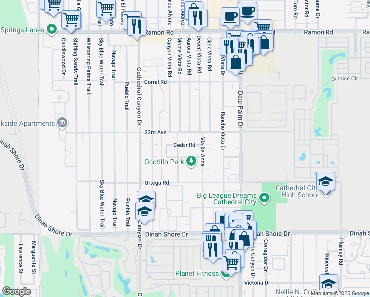 map of restaurants, bars, coffee shops, grocery stores, and more near 68711 Cedar Road in Cathedral City