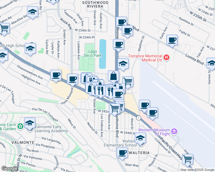 map of restaurants, bars, coffee shops, grocery stores, and more near 23930 Ocean Avenue in Torrance
