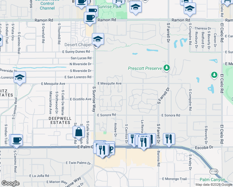 map of restaurants, bars, coffee shops, grocery stores, and more near 1923 Grand Bahama Drive East in Palm Springs