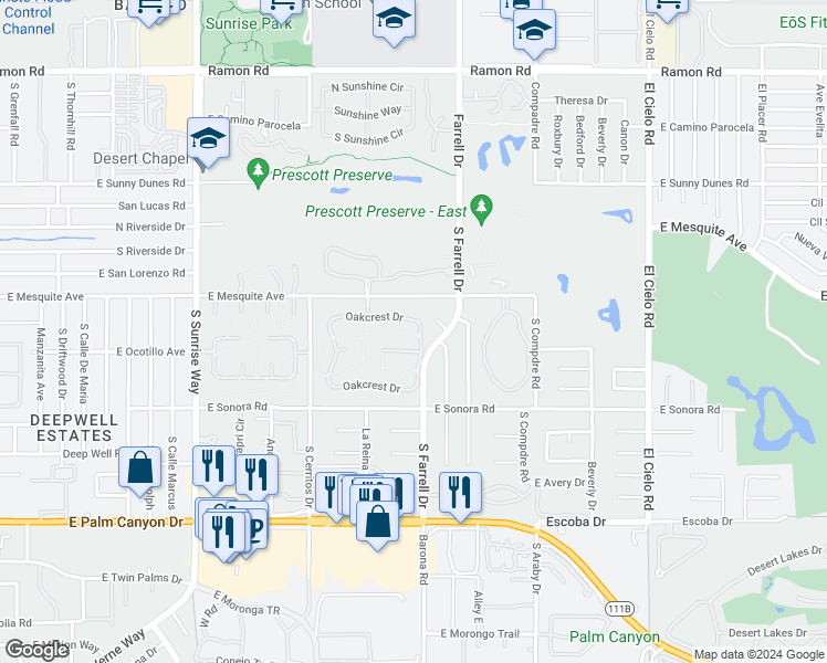 map of restaurants, bars, coffee shops, grocery stores, and more near 2497 Oakcrest Drive in Palm Springs