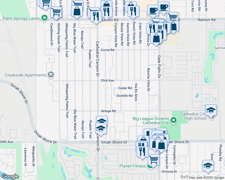 map of restaurants, bars, coffee shops, grocery stores, and more near 33130 Campus Lane in Cathedral City