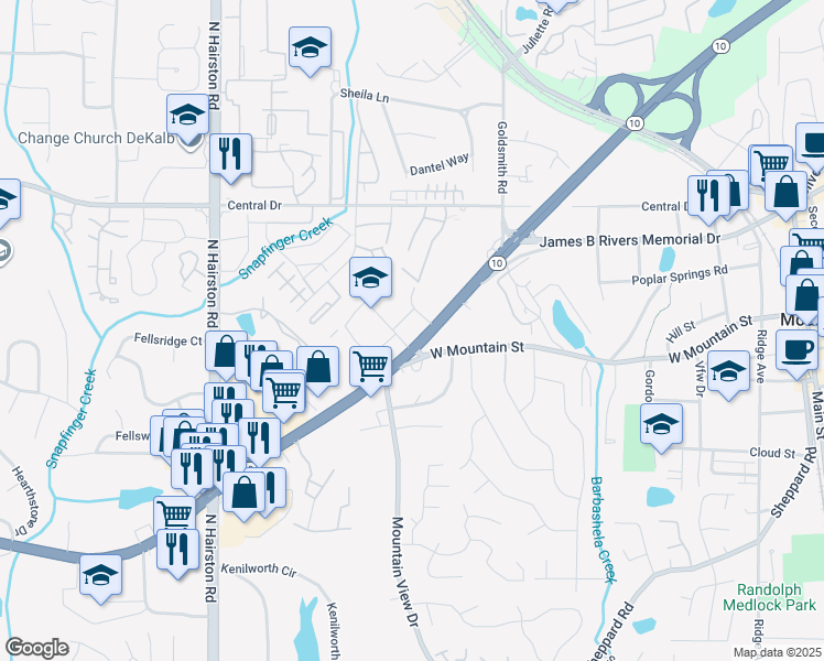 map of restaurants, bars, coffee shops, grocery stores, and more near 6252 Memorial Drive in Stone Mountain