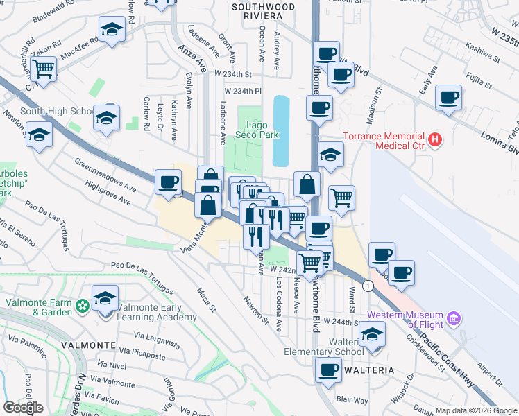 map of restaurants, bars, coffee shops, grocery stores, and more near 23939 Ocean Avenue in Torrance