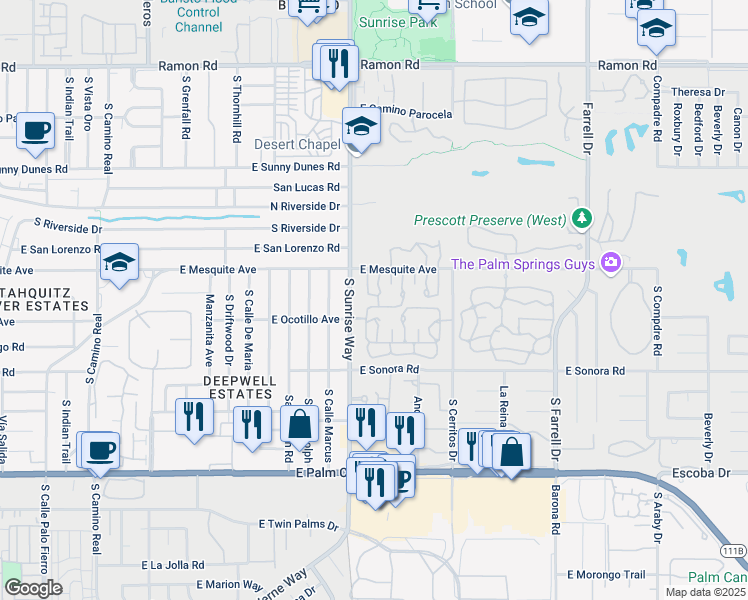 map of restaurants, bars, coffee shops, grocery stores, and more near 1712 Grand Bahama Drive West in Palm Springs