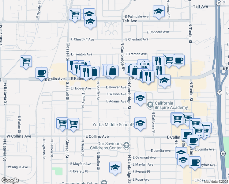 map of restaurants, bars, coffee shops, grocery stores, and more near 701 East Wilson Avenue in Orange