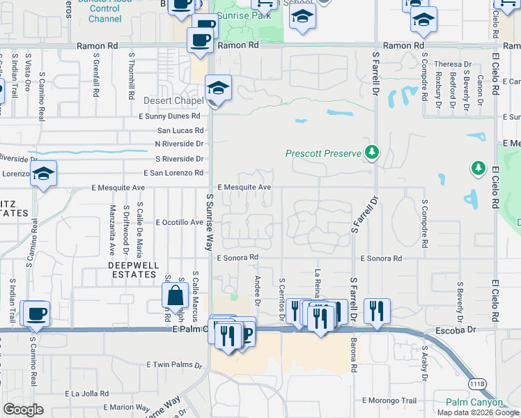 map of restaurants, bars, coffee shops, grocery stores, and more near 1910 Grand Bahama Drive West in Palm Springs