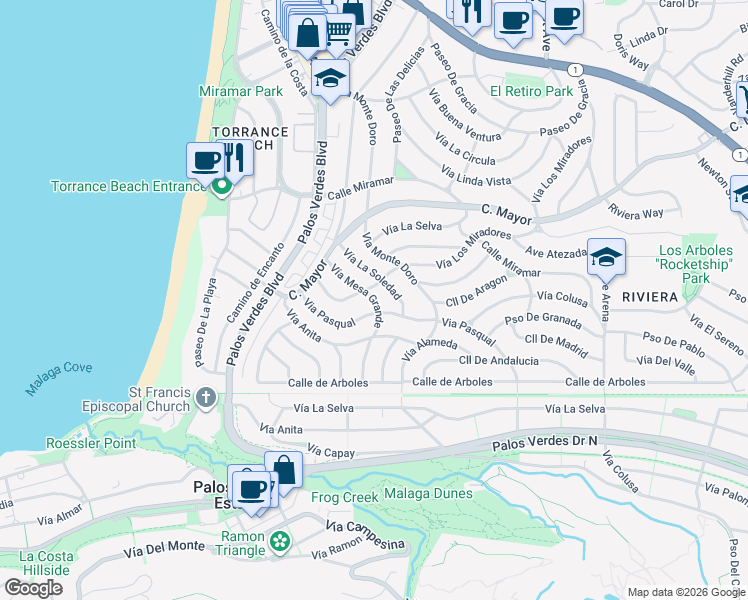 map of restaurants, bars, coffee shops, grocery stores, and more near 406 Vía Mesa Grande in Redondo Beach