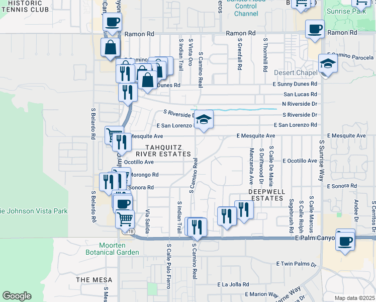 map of restaurants, bars, coffee shops, grocery stores, and more near 1177 South Camino Real in Palm Springs