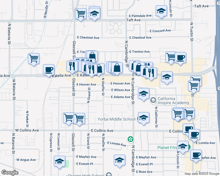 map of restaurants, bars, coffee shops, grocery stores, and more near 545 East Wilson Avenue in Orange