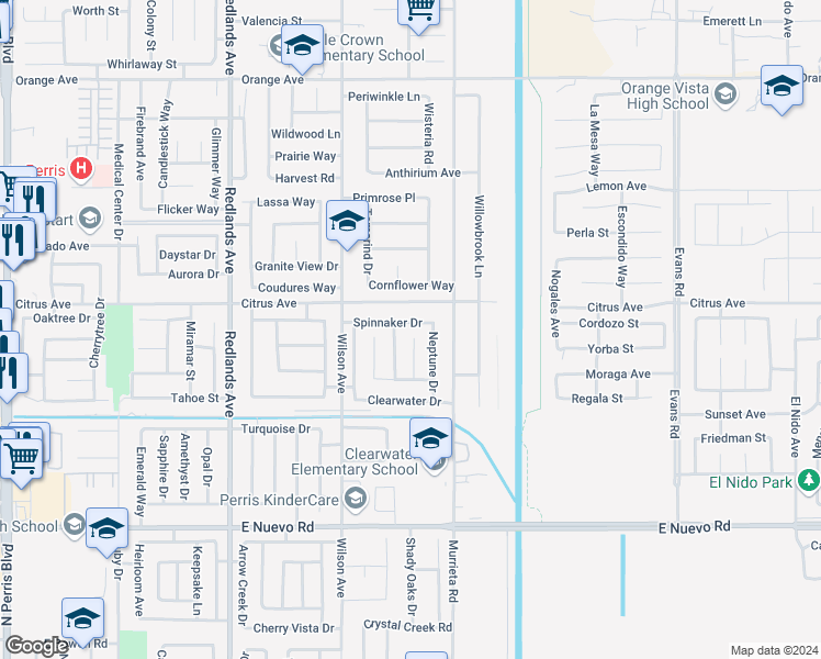 map of restaurants, bars, coffee shops, grocery stores, and more near 725 Spinnaker Drive in Perris