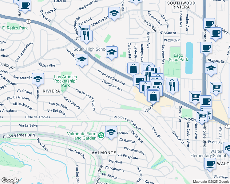 map of restaurants, bars, coffee shops, grocery stores, and more near 4515 Newton Street in Torrance