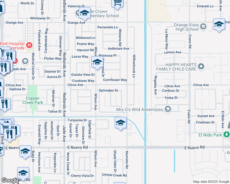 map of restaurants, bars, coffee shops, grocery stores, and more near 725 Spinnaker Drive in Perris