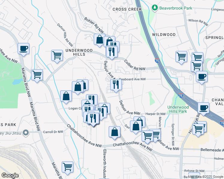 map of restaurants, bars, coffee shops, grocery stores, and more near 1603 Defoors Walk Northwest in Atlanta