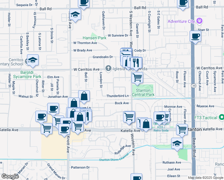map of restaurants, bars, coffee shops, grocery stores, and more near 7295 Thunderbird Lane in Stanton