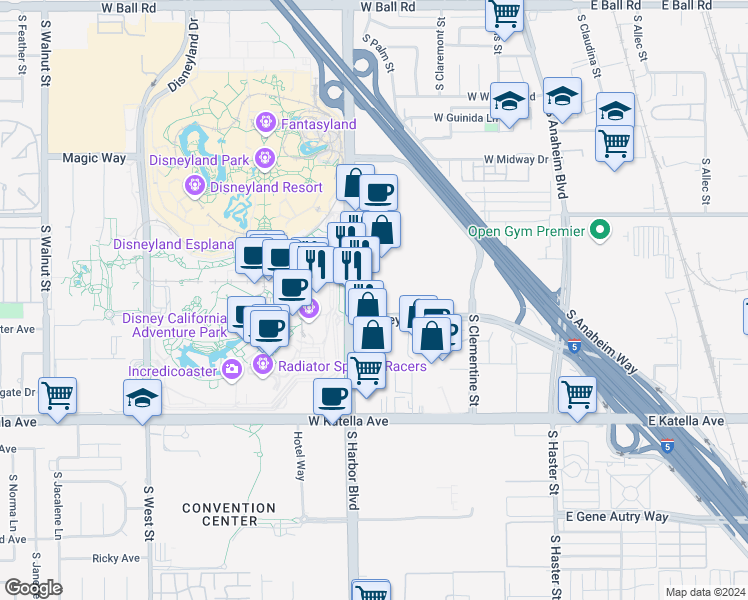 map of restaurants, bars, coffee shops, grocery stores, and more near 1650 South Harbor Boulevard in Anaheim
