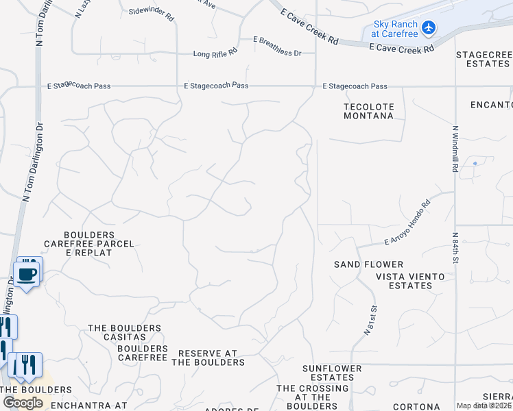 map of restaurants, bars, coffee shops, grocery stores, and more near 1723 Staghorn Lane in Carefree