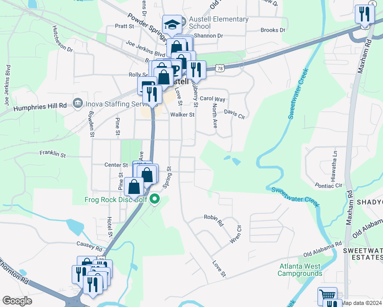 map of restaurants, bars, coffee shops, grocery stores, and more near 2724 Cochran Street in Austell