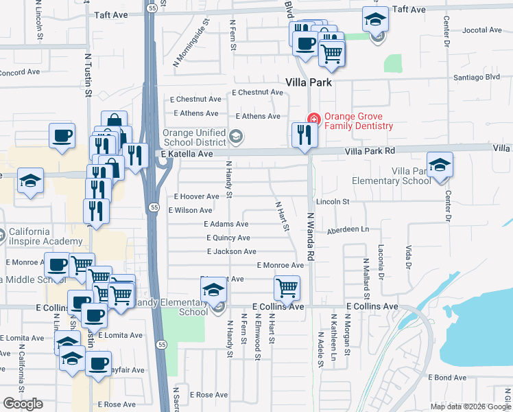 map of restaurants, bars, coffee shops, grocery stores, and more near 2642 East Wilson Avenue in Orange