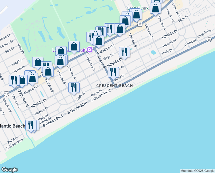 map of restaurants, bars, coffee shops, grocery stores, and more near 1710 South Ocean Boulevard in North Myrtle Beach