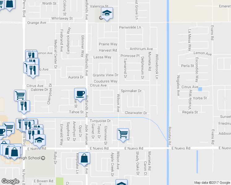 map of restaurants, bars, coffee shops, grocery stores, and more near 1955 Sierra Espadan Road in Perris