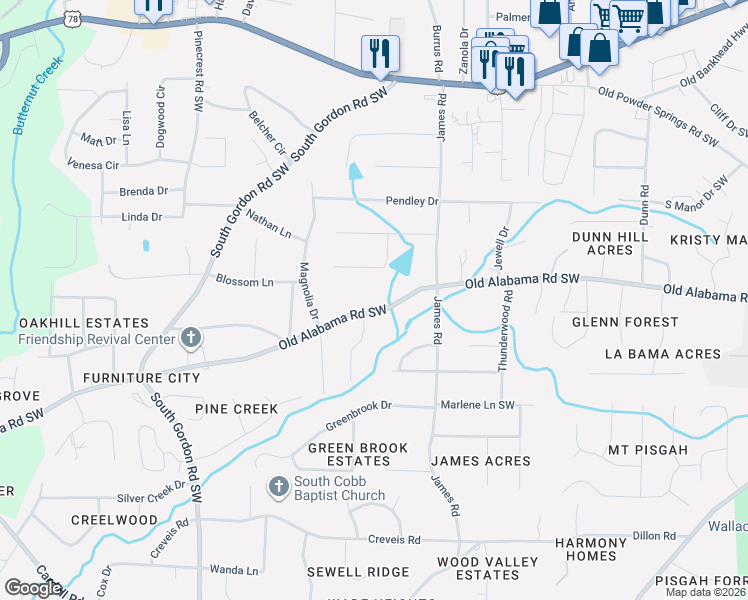 map of restaurants, bars, coffee shops, grocery stores, and more near 1621 Old Alabama Road Southwest in Austell