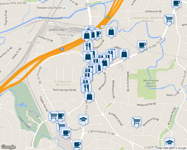 map of restaurants, bars, coffee shops, grocery stores, and more near 3325 Piedmont Avenue Northeast in Atlanta