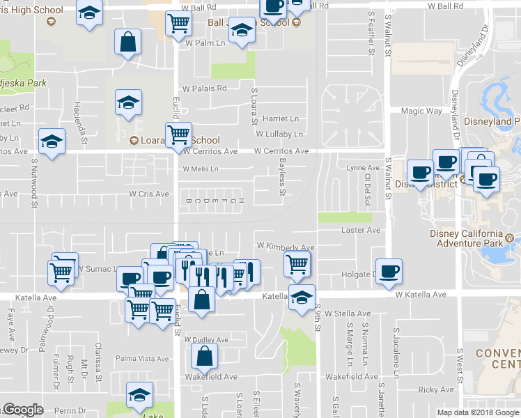map of restaurants, bars, coffee shops, grocery stores, and more near 1580 West Audre Drive in Anaheim