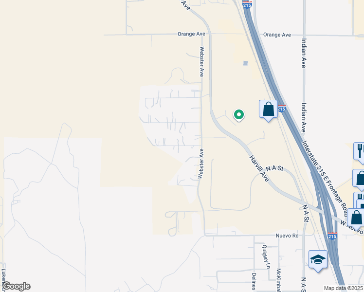 map of restaurants, bars, coffee shops, grocery stores, and more near 23871 Rhodes Avenue in Perris