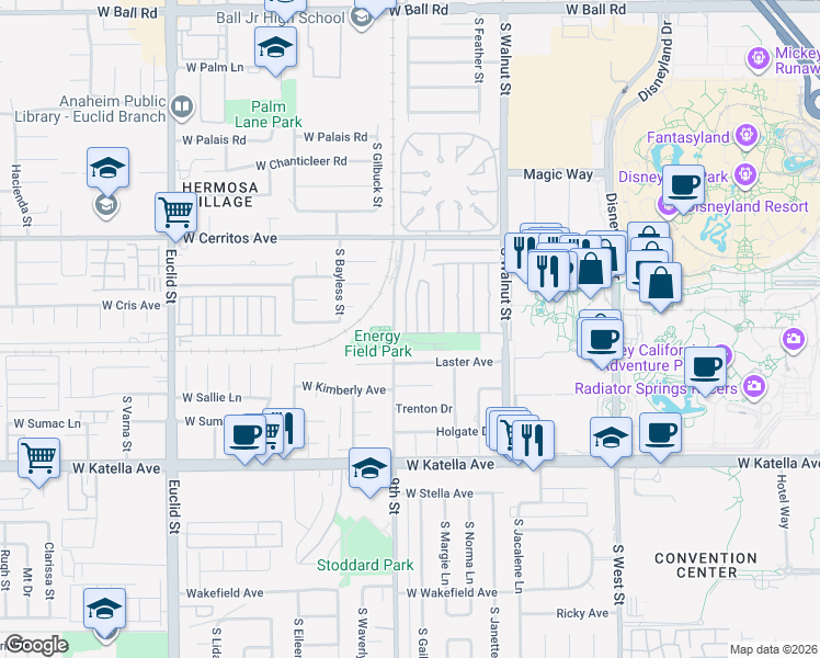 map of restaurants, bars, coffee shops, grocery stores, and more near 1323 Laster Avenue in Anaheim