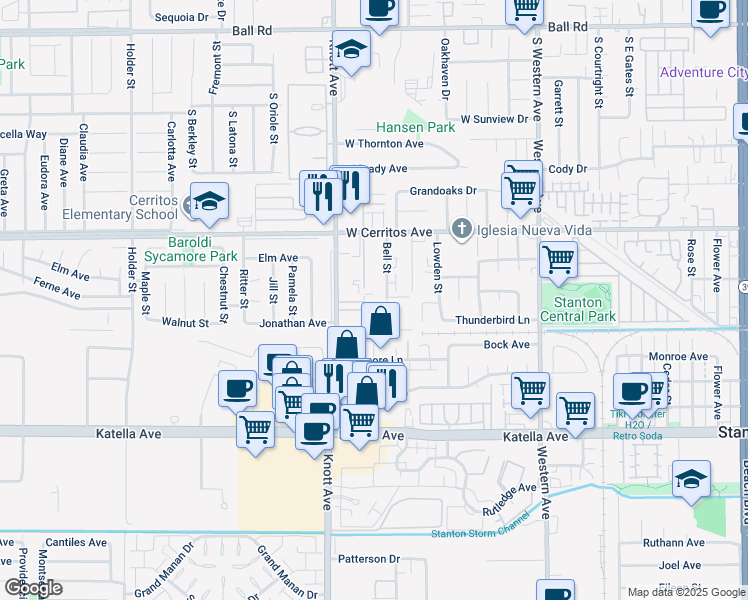 map of restaurants, bars, coffee shops, grocery stores, and more near 10690 Knott Avenue in Stanton