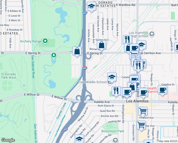 map of restaurants, bars, coffee shops, grocery stores, and more near Coyote Creek Bikeway in Los Alamitos