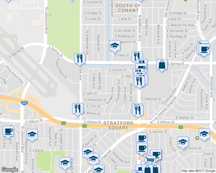 map of restaurants, bars, coffee shops, grocery stores, and more near 2801 Rutgers Avenue in Long Beach