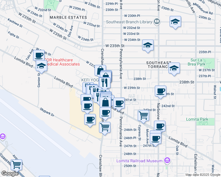 map of restaurants, bars, coffee shops, grocery stores, and more near in Torrance