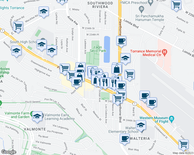 map of restaurants, bars, coffee shops, grocery stores, and more near in Torrance