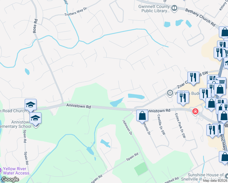 map of restaurants, bars, coffee shops, grocery stores, and more near 4337 Meadow Wind Drive Southwest in Snellville