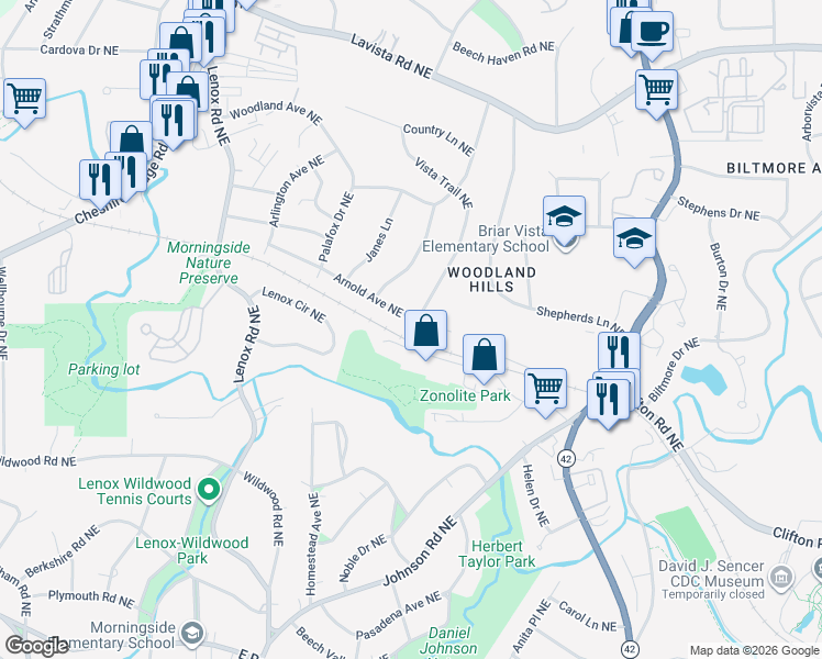 map of restaurants, bars, coffee shops, grocery stores, and more near 1393 Arnold Avenue Northeast in Atlanta